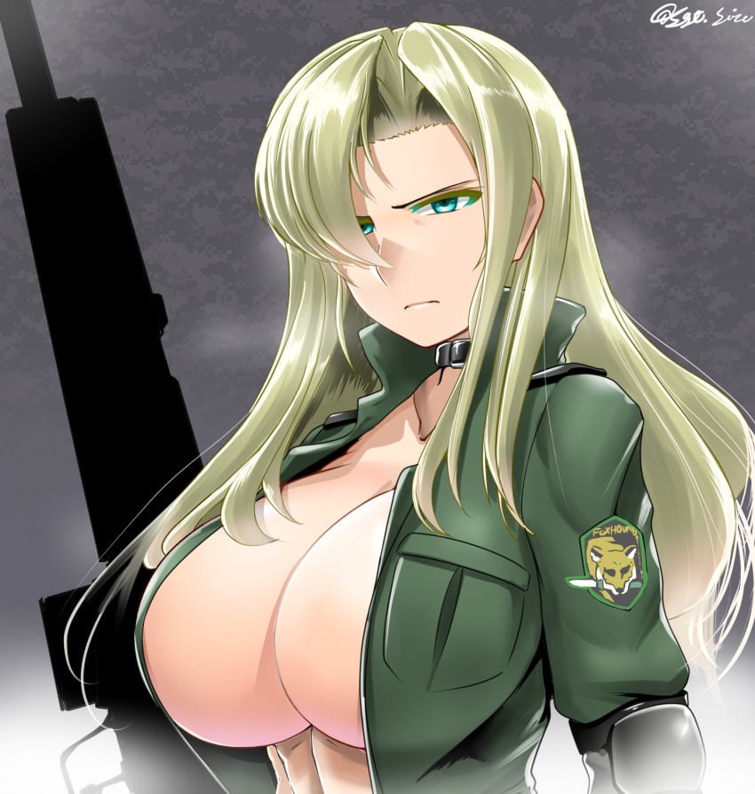 big_breasts blue_eyes breasts ear eyebrows eyes green_clothes gun hair_over_one_eye long_hair metal_gear metal_gear_solid no_bra nose open_clothes saizu_nitou_gunsou sgt.size sniper sniper_rifle sniper_wolf yellow_hair