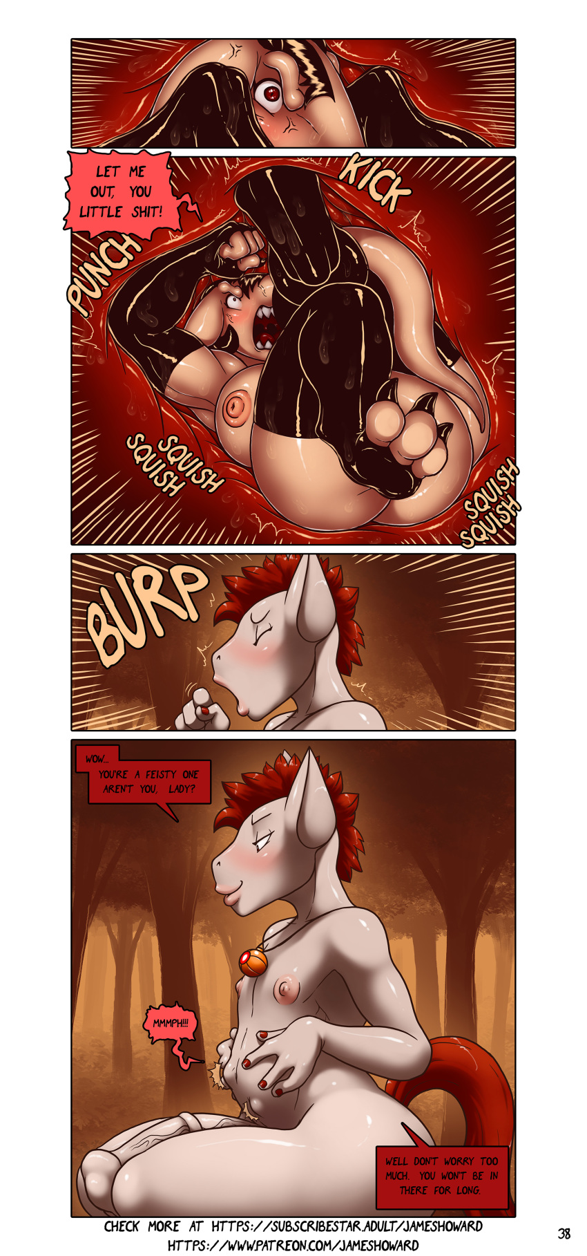 absurd_res amulet anthro ariel_(james_howard) breasts burping comic demon dialogue english_text equid equine fur furry hi_res horse internal james_howard mammal nipples nude page_38 size_difference stomach_bulge tina_(james_howard) vore