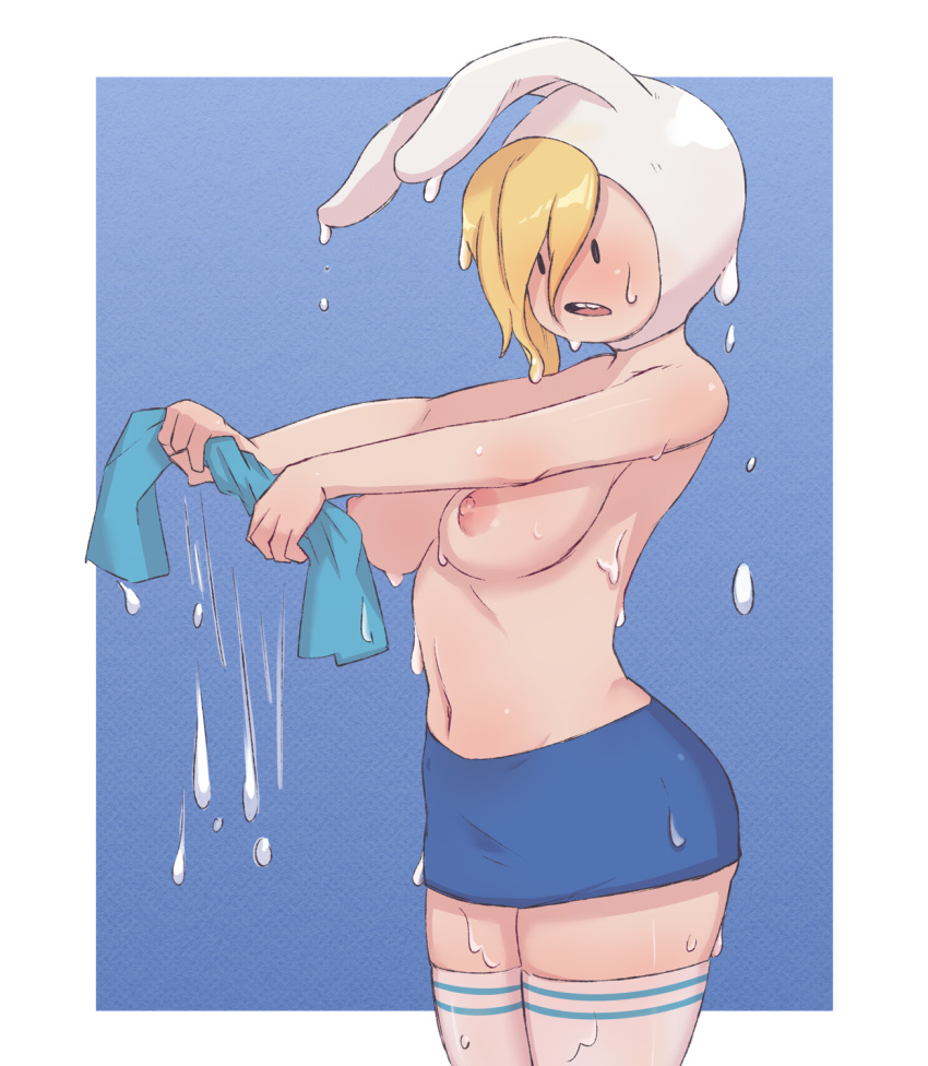 adventure_time blonde_hair blush bottomwear breasts casual female fionna_the_human_girl floyd_(artist) headwear hood human large_breasts legwear nipples open_mouth solo thighhighs topless topwear wet wringing_clothes