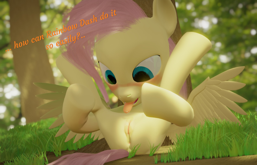 2019 3d 3d_(artwork) anus ass autocunnilingus blender_(disambiguation) blush bodily_fluids day detailed_background dialogue digital_media_(artwork) english_text equid equine feathered_wings feathers female flexible fluttershy_(mlp) forest friendship_is_magic genital_fluids grass hair hi_res legs_up mammal masturbation my_little_pony nude ooredelen open_mouth oral oral_masturbation pterippus pussy pussy_juice solo spread_legs spreading straight_hair text tongue tongue_out tree vaginal_masturbation vaginal_penetration wings