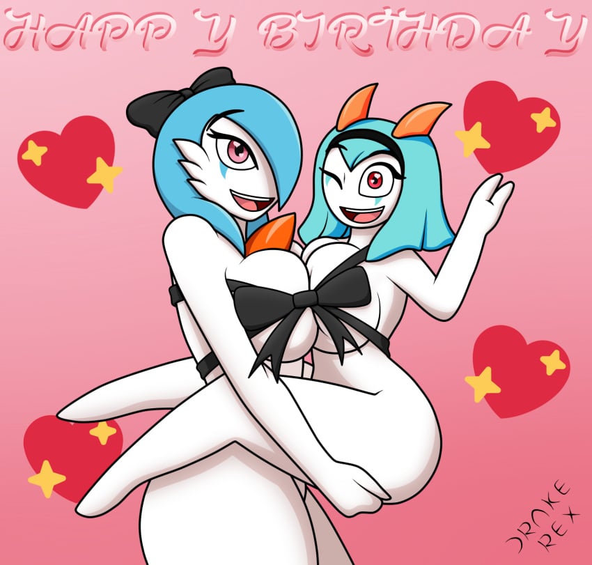 2_fingers 2girls alternate_color alternate_eye_color anthro anthrofied ass big_ass big_breasts birthday blue_hair breasts drake-rex drakerex gardevoir heart heart-shaped_pupils hi_res holding huge_ass huge_breasts kirlia larger_female nintendo original_character pink_eyes pokémon_(species) pokemon pokemon_(species) pokemon_rse red_eyes ribbons shiny_pokemon shortstack sideboob size_difference smaller_female sofia_gardevoir text thick_thighs v video_games white_skin wide_hips