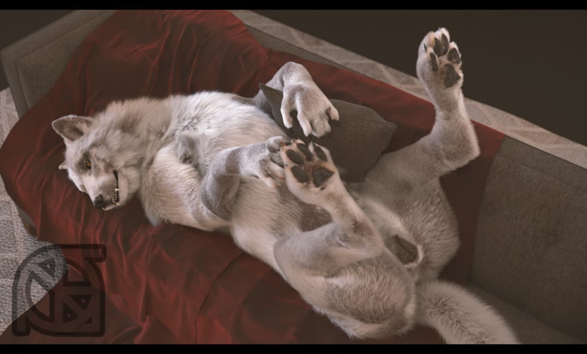 3d animal_genitalia animal_pussy ass bed bed_sheet bedding black_nose canid canine canine_pussy canis claws cosmiclife fangs female feral fur furniture grey_body grey_fur helga_(cosmiclife) hi_res hindpaw legs_up looking_at_viewer lying mammal on_back pawpads paws pillow pinup pose presenting presenting_pussy pussy realistic semi-anthro smile solo spread_legs spreading teeth white_body white_fur wolf yellow_eyes