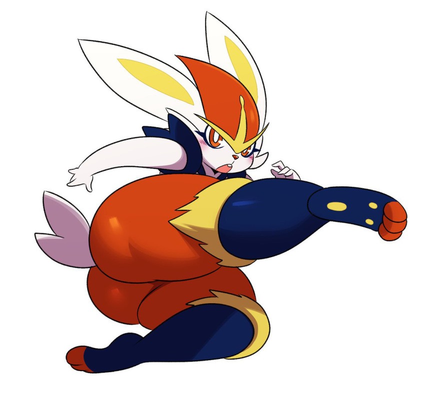 2019 3_toes 4_fingers ambiguous_gender angry angry_face animal anthro anthrofied ass big_ass blue_fur blush buckteeth chubby cinderace ear eye_contact eyelashes feet furry half-closed_eyes huge_ass kicking lagomorph large_ass long_ears looking_at_viewer looking_back looking_behind nintendo open_mouth orange_eyes orange_fur orange_nose pok&eacute;mon_(species) pokemon pokemon_(species) pokemon_ss pokemorph simple_background sssonic2 tail thick_ass thick_thighs thighs white_background white_fur yellow_fur