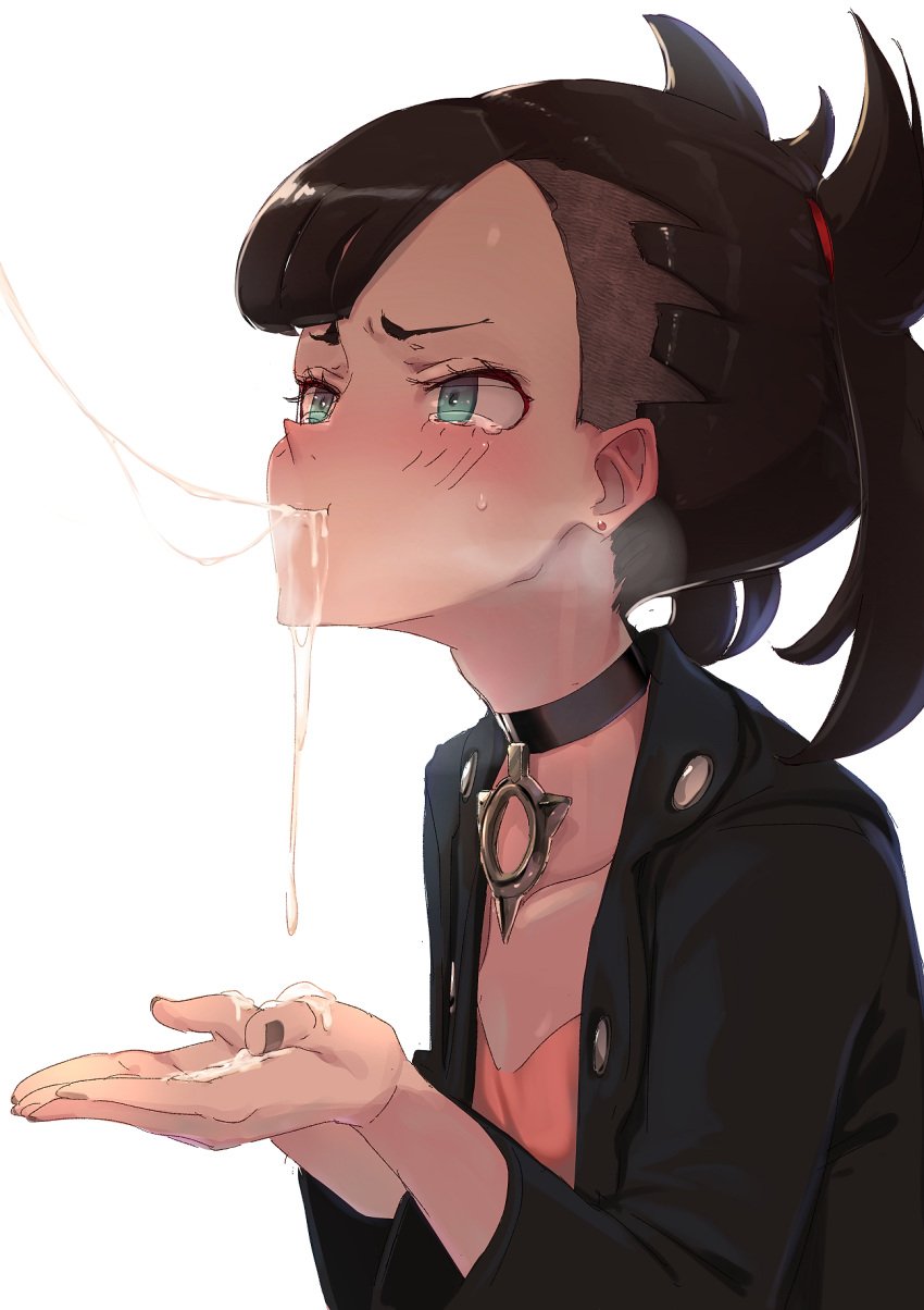 1girls 2019 after_fellatio aqua_eyes asymmetrical_hair black_hair black_jacket blush breasts choker cleavage crying cum cum_in_hands cum_in_mouth cum_string dress earrings facial female flat_chest half-closed_eyes heavy_breathing highres hizake human jacket jewelry kashu_(hizake) marnie_(pokemon) nail_polish nintendo pink_dress pokemon pokemon_ss rape short_twintails simple_background small_breasts tears twintails white_background