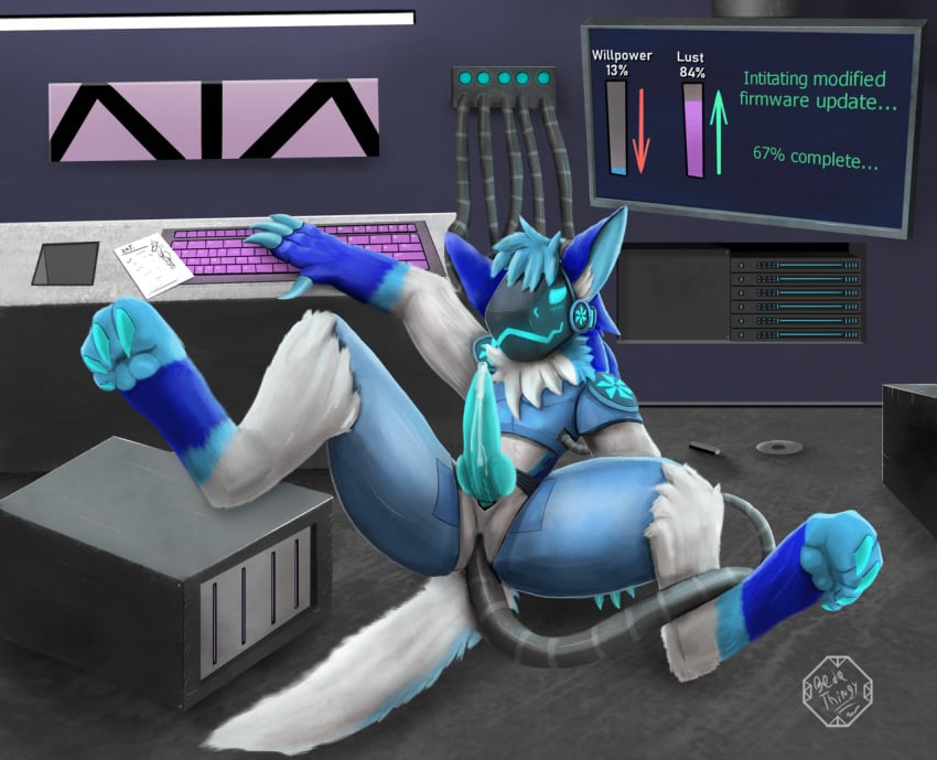 1boy 2019 4_fingers 4_toes anal anal_sex animal_genitalia animal_penis anthro bedethingy blue_body blue_ears blue_eyes blue_fur blue_hair blue_penis blush bodily_fluids canine_penis claws detailed_background digital_media_(artwork) digitigrade erection fingers fur genital_fluids glowing glowing_genitalia glowing_markings glowing_penis hair inside knot laboratory lying machine male male_only markings multicolored_body nude penetration penis precum protogen robot screen signature solo spread_legs spreading toe_claws toes wire