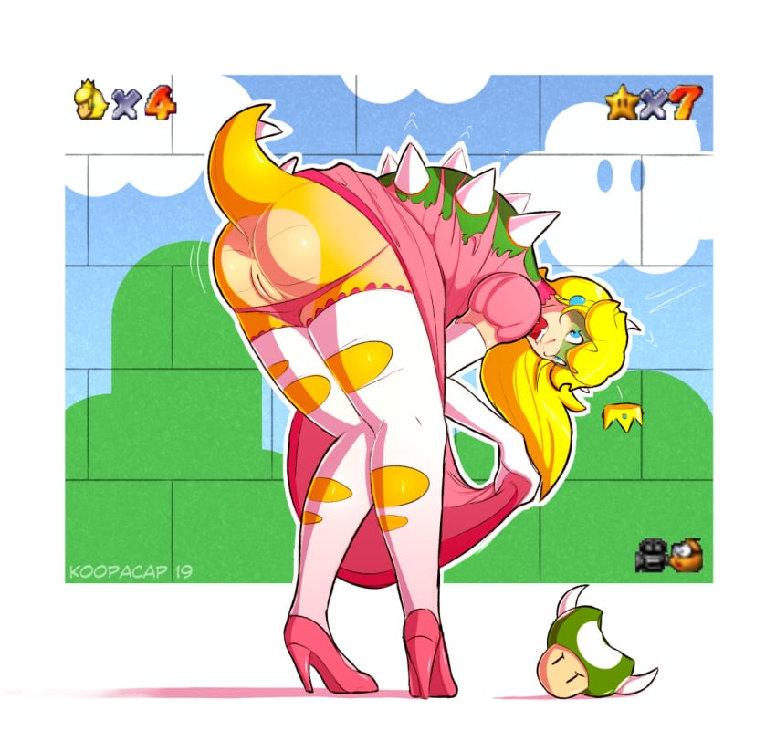 2019 anthro anus ass blonde_hair blue_eyes clothing crown dress enemy_conversion female footwear gloves gui hair handwear high_heels koopa koopacap legwear mario_(series) nintendo open_mouth princess_koopa princess_peach pussy raised_tail scalie shoes solo spikes stockings super_mario_64 torn_clothing transformation video_games yellow_body