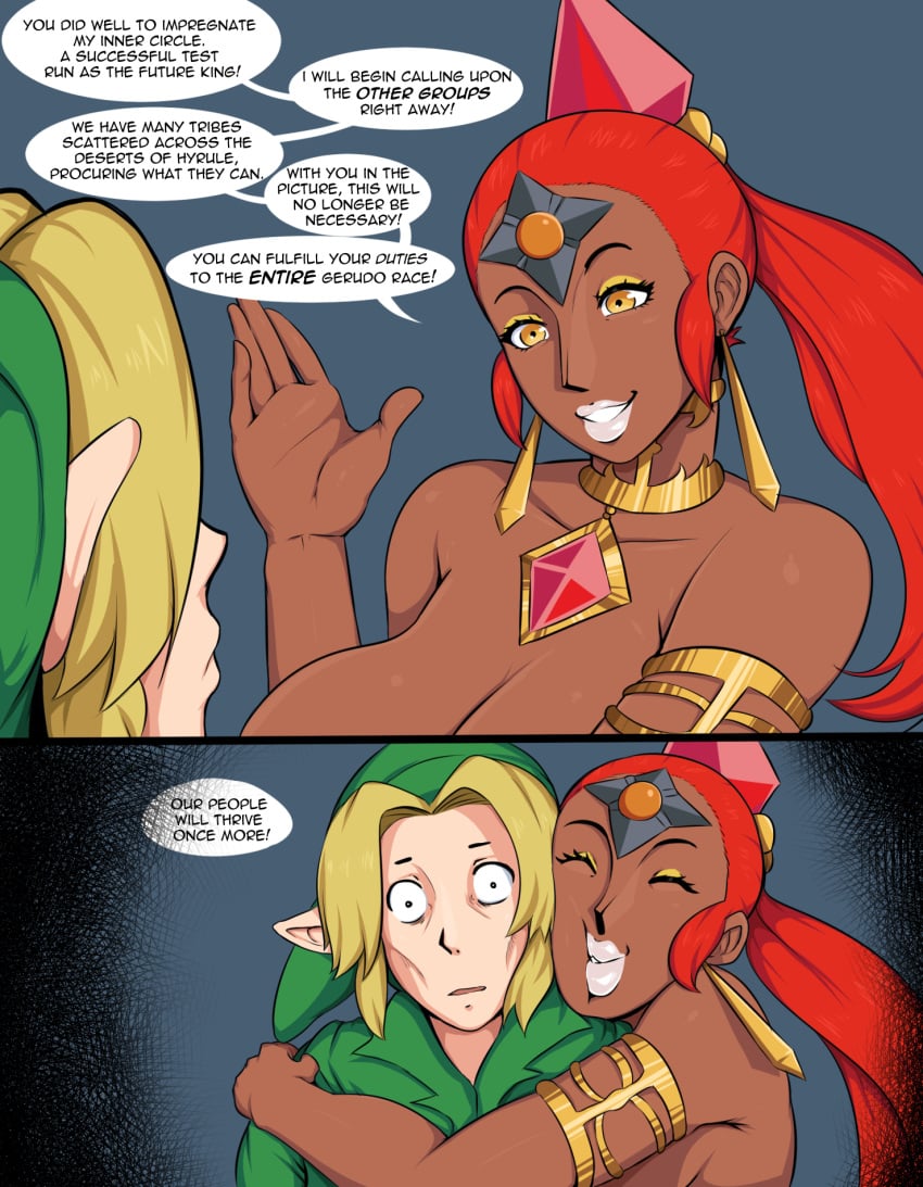 1boy 1boy1girl 1girls afrobull blonde_hair breasts cleavage closed_eyes clothing comic dark-skinned_female dark_skin duo earrings english_text female gerudo hat huge_breasts humanoid interracial jewelry link link_(ocarina_of_time) long_hair male nabooru necklace nintendo ocarina_of_time orange_hair pointy_ears ponytail shiny shiny_skin shirt smile speech_bubble straight text the_legend_of_zelda yellow_eyes