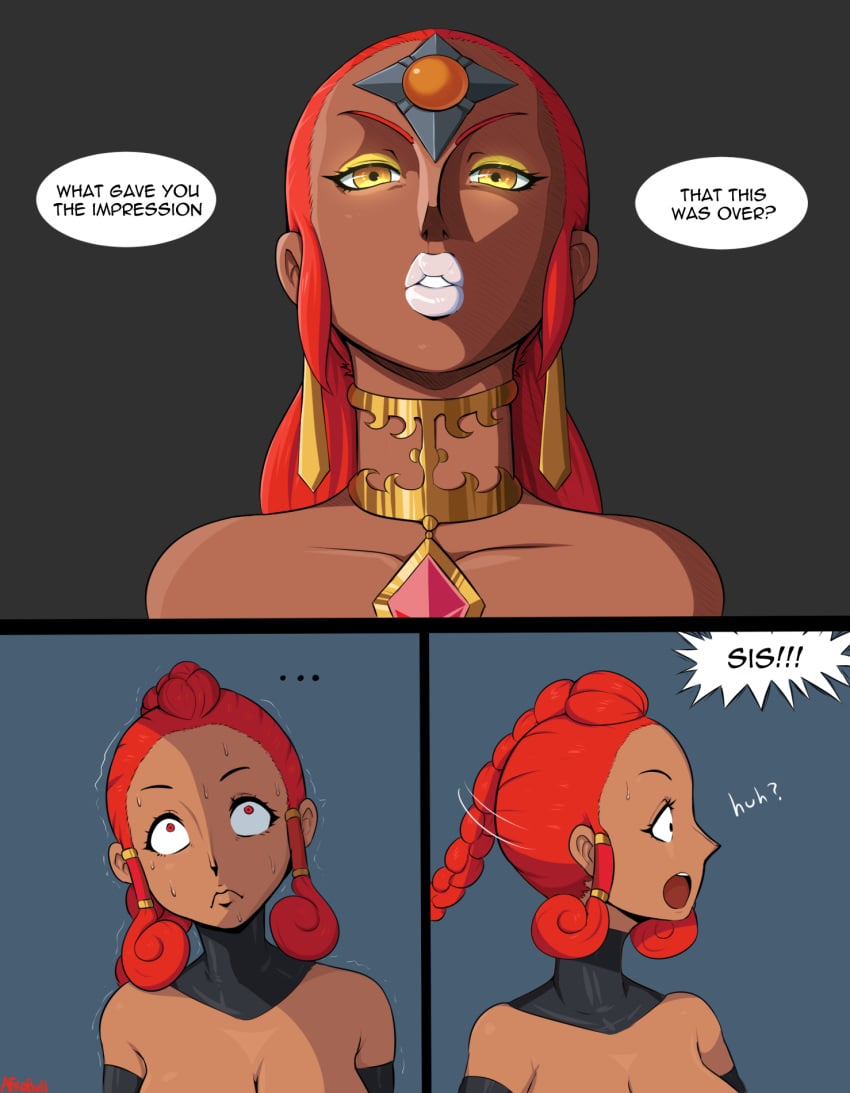 2girls afrobull braid breasts cleavage clothing comic dark-skinned_female dark_skin double_chocolate earrings english_text female female_only gerudo humanoid jewelry link_(ocarina_of_time) nabooru necklace nintendo ocarina_of_time orange_hair red_eyes shiny shiny_clothes shiny_skin speech_bubble sweat text the_legend_of_zelda yellow_eyes