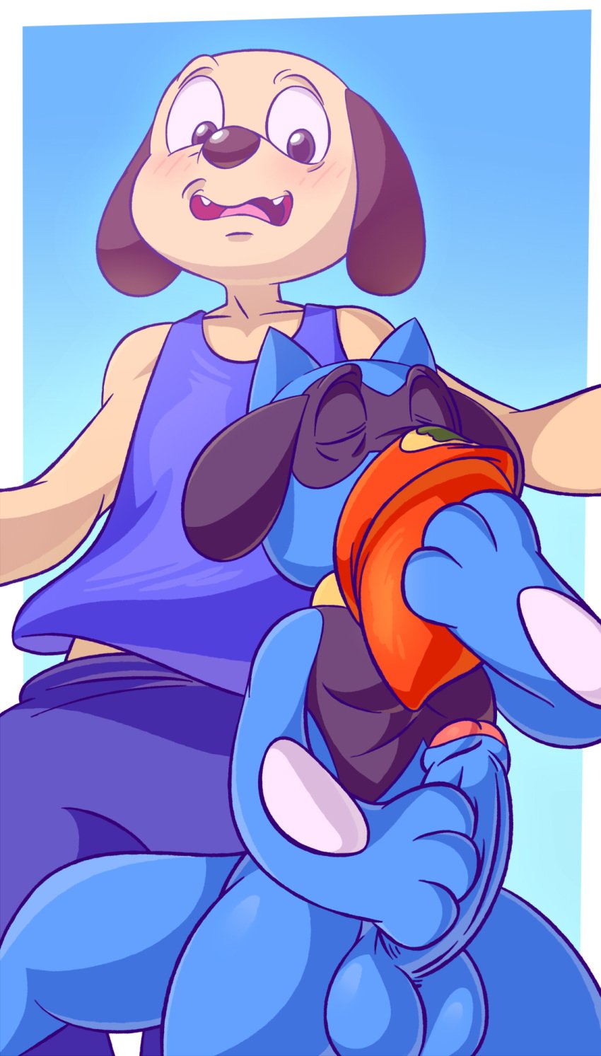 2019 2boys anthro armpits big_ears black_eyes blue_background blue_fur blue_penis blush bottomwear canine close-up closed_eyes clothed clothes clothing crossover erection fangs floppy_ears furry hat headgear headwear hi_res humanoid_penis larger_male long_penis looking_down male_only mammal masturbation nintendo nude open_mouth pants parappa parappa_the_rapper penis pink_tongue pokémon_(species) pokemon pokemon_dppt riolu shirt simple_background size_difference smaller_male sniffing sony_corporation sony_interactive_entertainment standing tan_body tank_top tderek99 teeth testicles thick_thighs tongue topwear uncut video_games