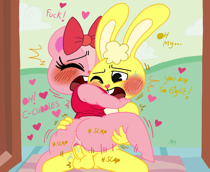 anus blush bodily_fluids buckteeth chipmunk cowgirl cowgirl_position cuddles cuddles_(htf) dialogue eyes_closed furry giggles giggles_(htf) happy_tree_friends lilli_villa one_eye_closed pink_fur rabbit spread_legs spreading straight vaginal_penetration vaginal_sex yellow_fur