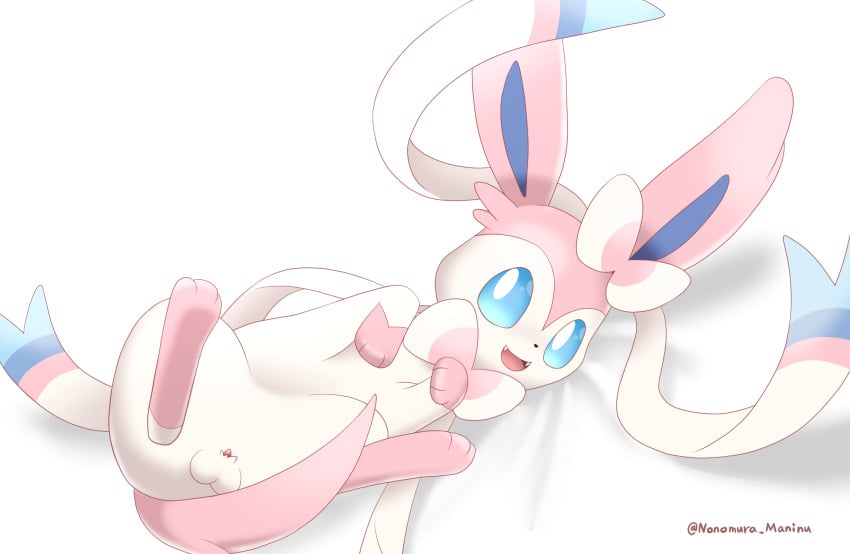 1boy bed big_ears big_eyes blue_eyes blush bow eye_contact feet feral feral_only half-erect long_ears looking_at_viewer male male_only nintendo nonomura_maninu nude on_back on_bed open_mouth paws penis pink_fur pokemon pokemon_(species) pokemon_xy pose quadruped ribbons sheath sheathed_penis smile solo source_request sylveon tail teeth testicles text tongue watermark white_background white_fur wide_hips