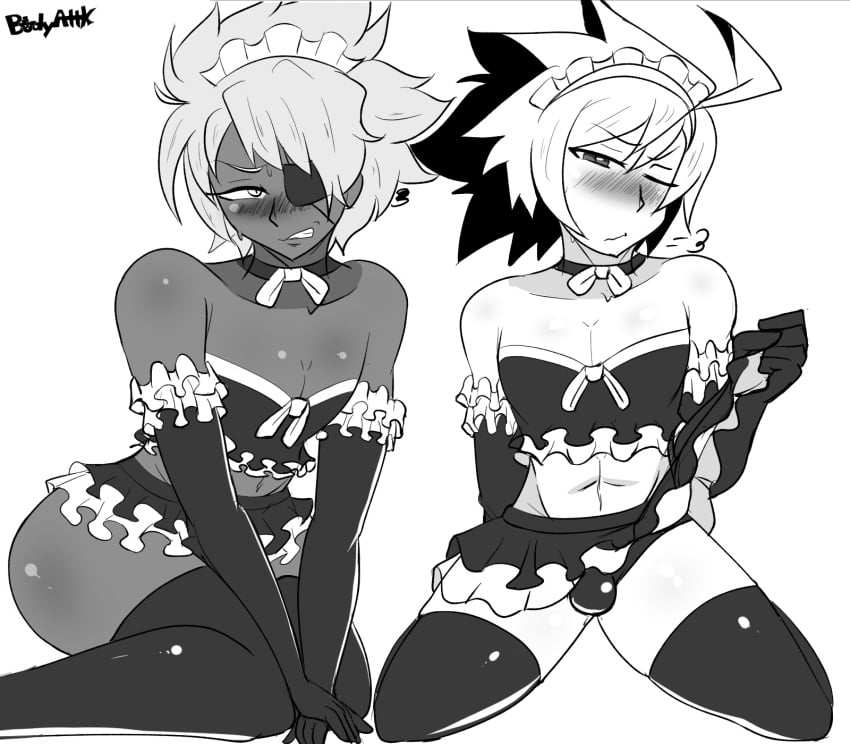 2boys blush bodyattk bulge crossdressing dark-skinned_femboy dark-skinned_male dark_skin embarrassed eyepatch femboy girly hyde_kido maid male male_only monochrome multiple_boys one_eye_closed original_character penis short_hair trap under_night_in-birth