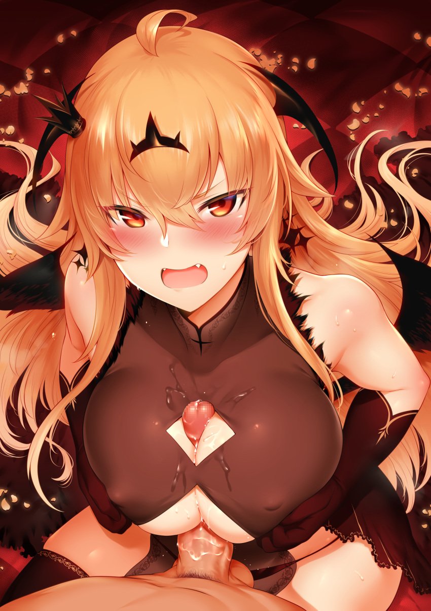 1boy 1girls black_rock_shooter blonde_hair blush boob_window breast_hold breasts censored chariot_(black_rock_shooter) large_breasts long_hair m-da_s-tarou paizuri paizuri_under_clothes penis pov