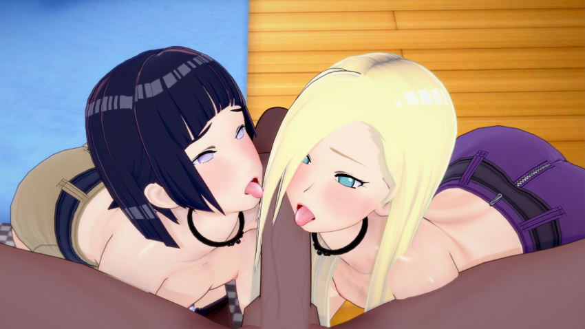 1boy 2girls 3d big_penis blonde_hair collaborative_fellatio dark-skinned_male dark_skin fellatio female ffm_threesome hyuuga_hinata ino_yamanaka interracial large_breasts light-skinned_female light_skin male multiple_girls naruto raikage teamwork threesome xixipapa yamanaka_ino