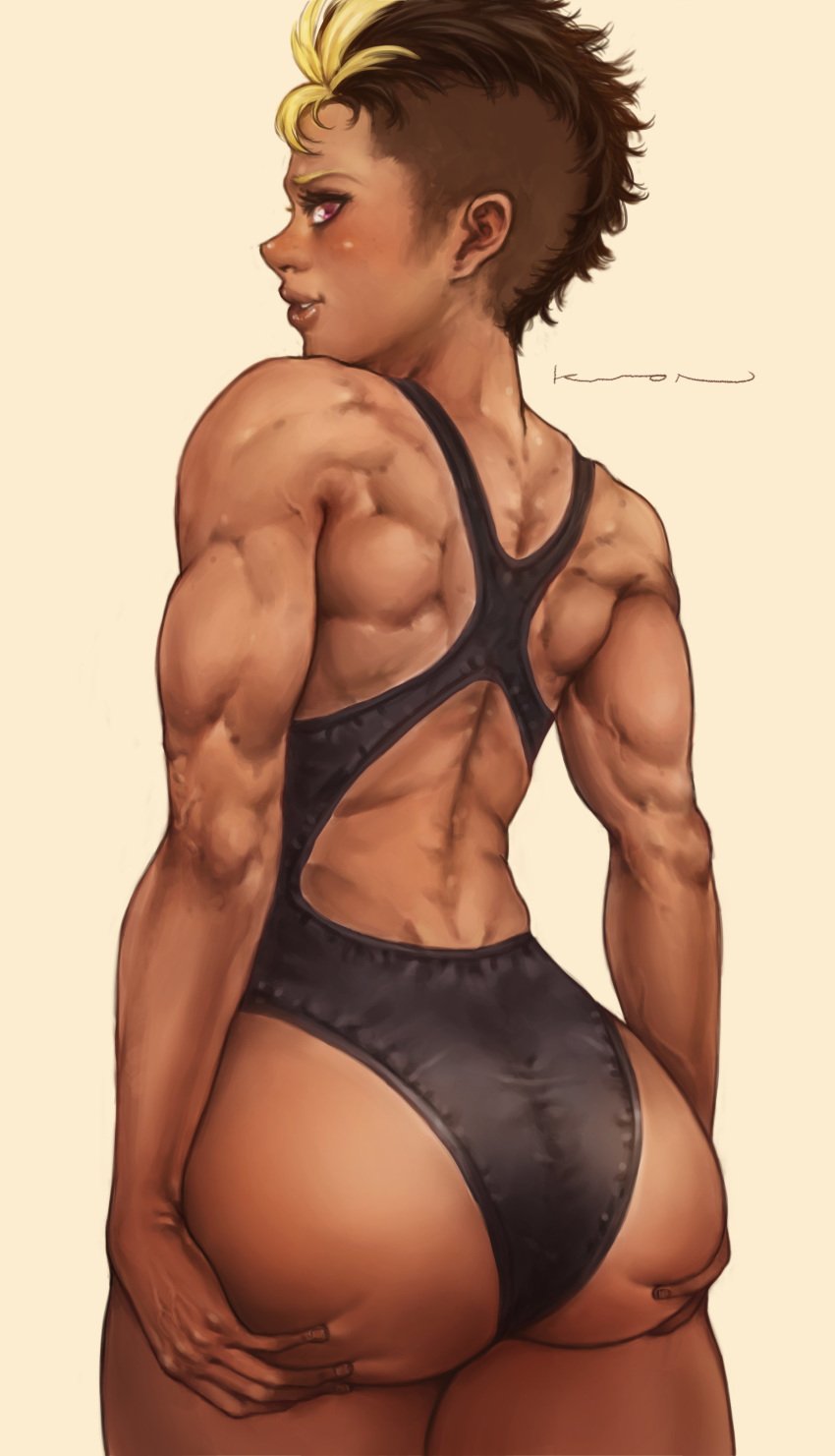 1girls absurdres ace_ops ass back_muscles big_ass dark-skinned_female dark_skin female female_only harriet_bree highres muscles muscular muscular_back muscular_female one-piece_swimsuit prinzkuon rwby solo swimsuit tomboy very_short_hair