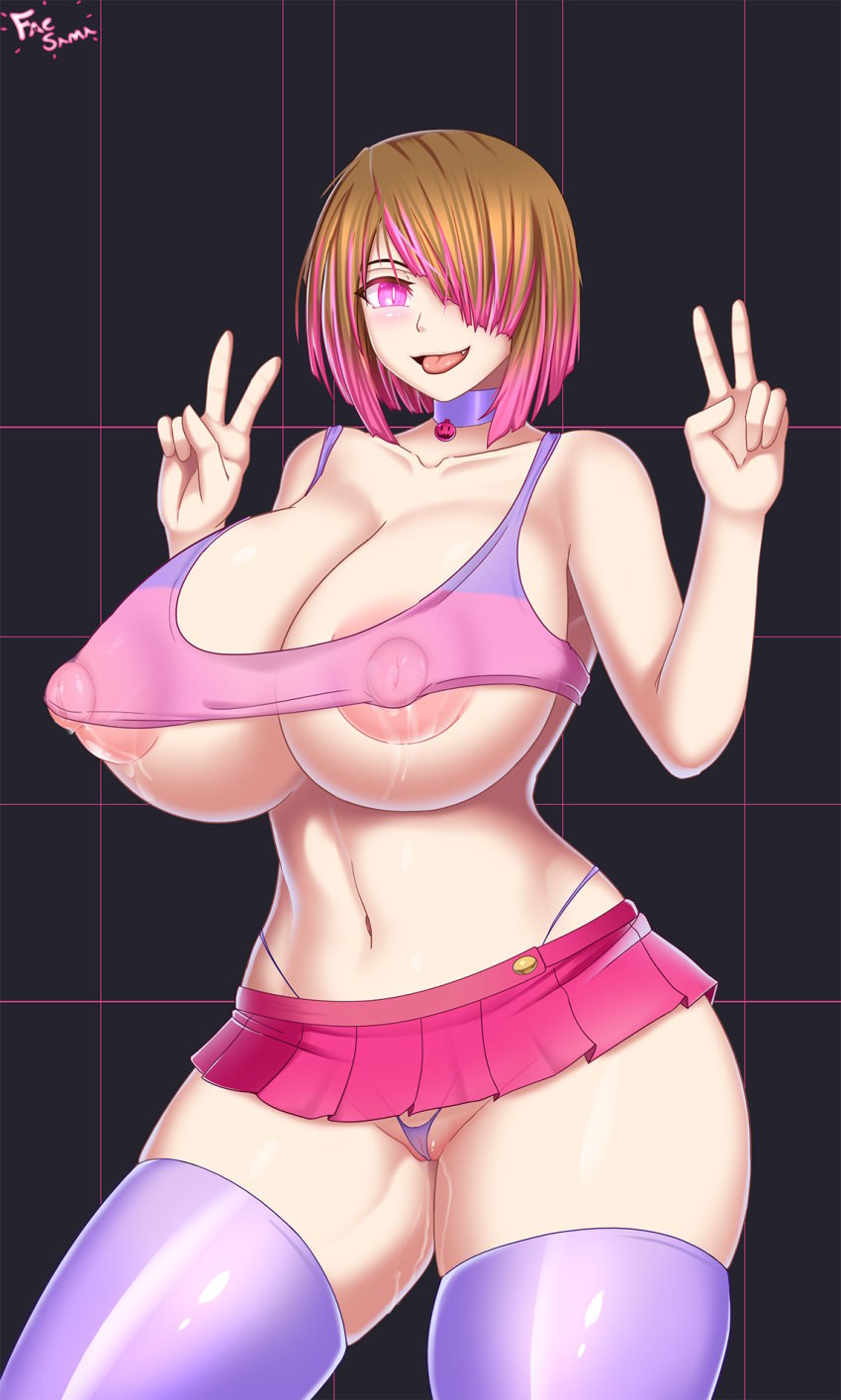 bete_noire brown_hair crop_top fae-sama fan_character female g-string glitchtale lactating lactation large_breasts leaning_to_the_side looking_at_viewer microskirt midriff miniskirt nipple_bulge nipples peace_sign pink_eyes pink_hair pink_skirt pussy pussy_juice see-through see-through_clothing skirt slit_pupils smile solo_focus thighhighs thong tongue undertale undertale_fanfiction voluptuous wide_hips