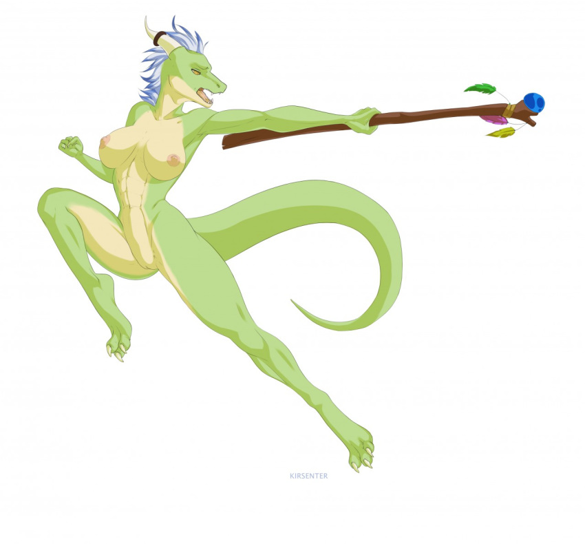 2019 abs anthro breasts digital_media_(artwork) female fight fingers hair holding_object horn kirsenter muscular nipples non-mammal_breasts nude perrodite reptile scalie simple_background solo spookysly staff white_background white_hair