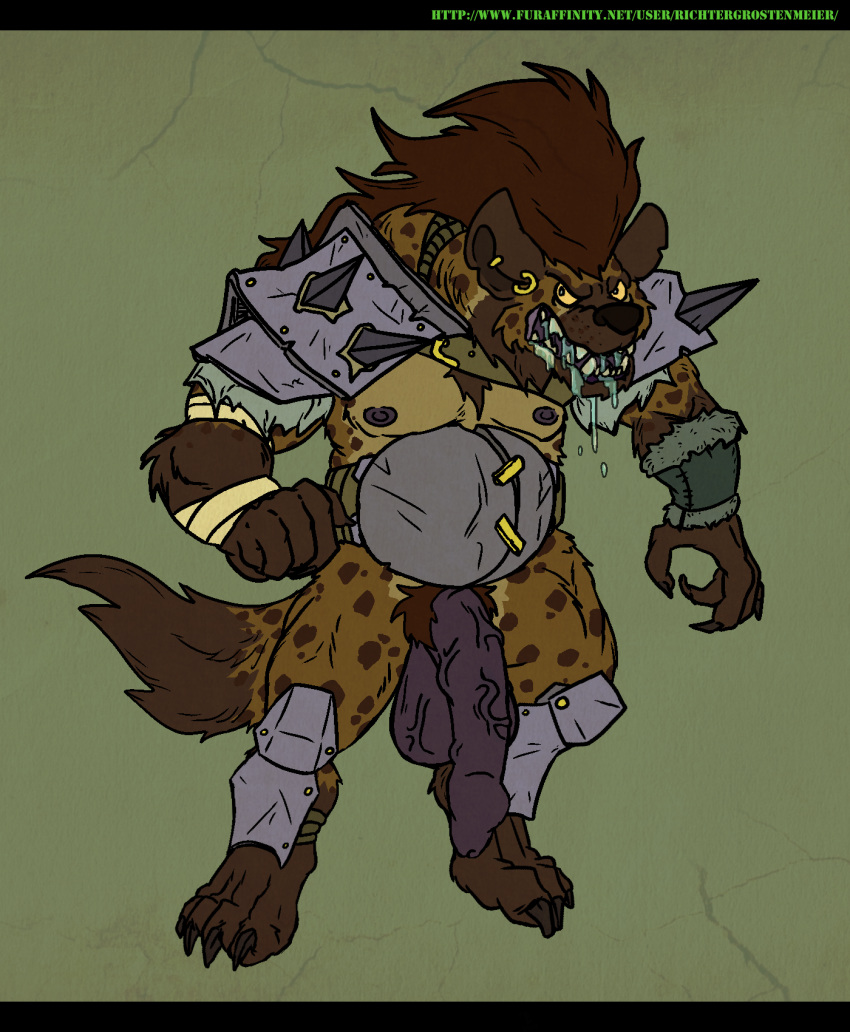 animal_genitalia barbarian bodily_fluids dungeons_and_dragons fantasy gnoll grostenmeiers hi_res hyaenid male male_only mammal muscular penis pseudo-penis pubes saliva slightly_chubby tribal warrior weapon