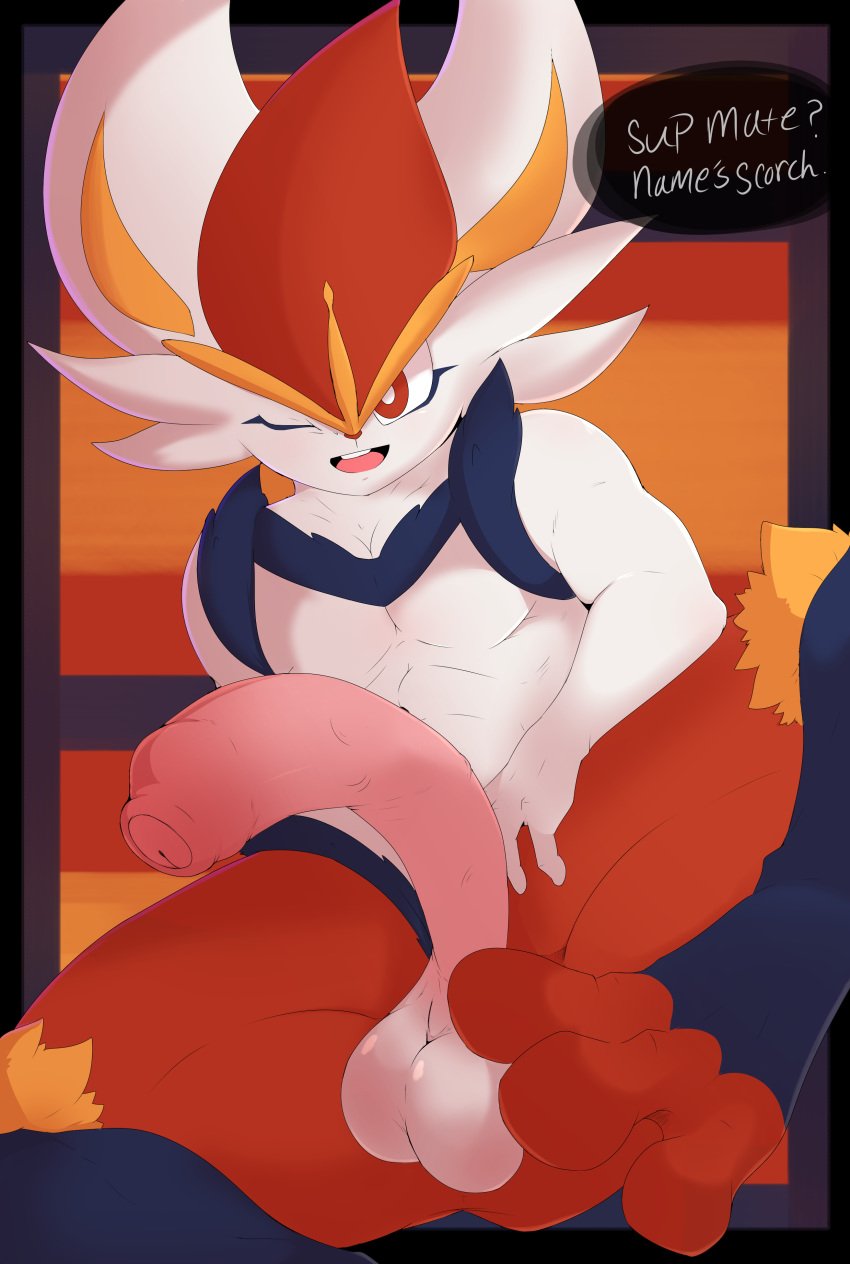 1boy 3_fingers 3_toes abs absurd_res alex_kitsune anthro anthrofied ass big_ears big_penis big_sss blue_fur bottom_heavy cinderace english_text erection eye_contact feet fingers foot_focus foreskin half-closed_eyes hi_res huge_penis lagomorph long_ears long_penis looking_at_viewer male male_cinderace male_only male_pokemon mammal nintendo no_nipples one_eye_closed orange_fur original_character paws penis pokémon_(species) pokemon pokemon_ss simple_background sitting solo source_request text thick_thighs toes uncut video_games white_fur wide_hips wink