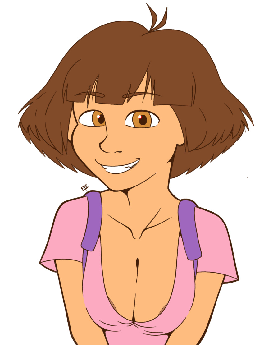 1girls aged_up backpack bag breasts brown_eyes brown_hair dark-skinned_female dark_skin dora_marquez dora_the_explorer female large_breasts latina nickelodeon nipple_slip pink_shirt shirt short_hair solo solo_female supersegasonicss tan-skinned_female tan_skin visible_nipples