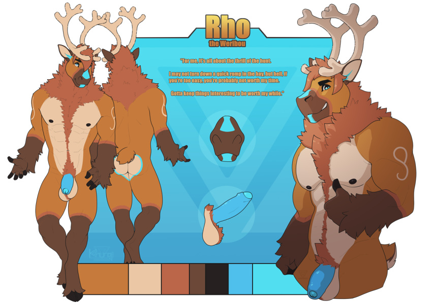 anthro antlers balls body_hair capreoline cervid erection flaccid happy_trail horn humanoid_penis khuraji male male_only mammal penis pubes reindeer smile teeth uncut