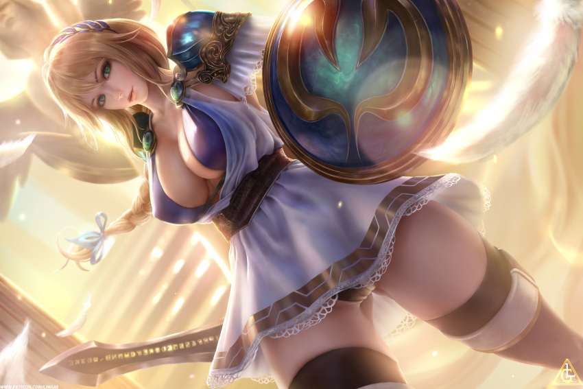 blonde_hair blue_eyes breasts cleavage female female_only high_resolution highres limgae long_hair looking_at_viewer milf shield silf skirt solo sophitia_alexandra soul_calibur soul_calibur_ii soul_calibur_iii