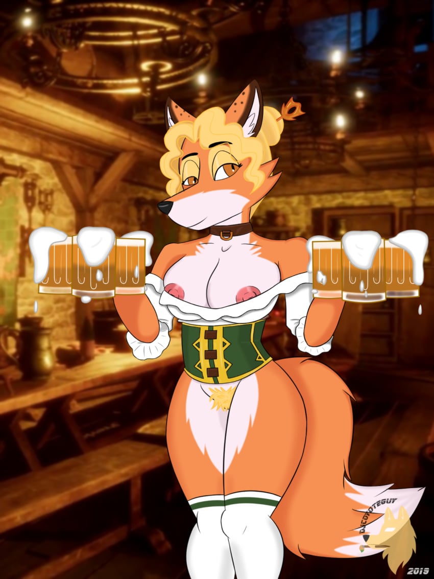 alcohol anthro barely_visible_genitalia barely_visible_pussy beer beverage big_breasts blonde_hair bottomless breasts canid canine choker clothed clothing collar dirndl djcoyoteguy female fox hair hi_res jewelry mammal necklace nipple_slip nipples oktoberfest partially_clothed pubes pussy realm_royale solo tavern the_huntress_(realm_royale) tracht