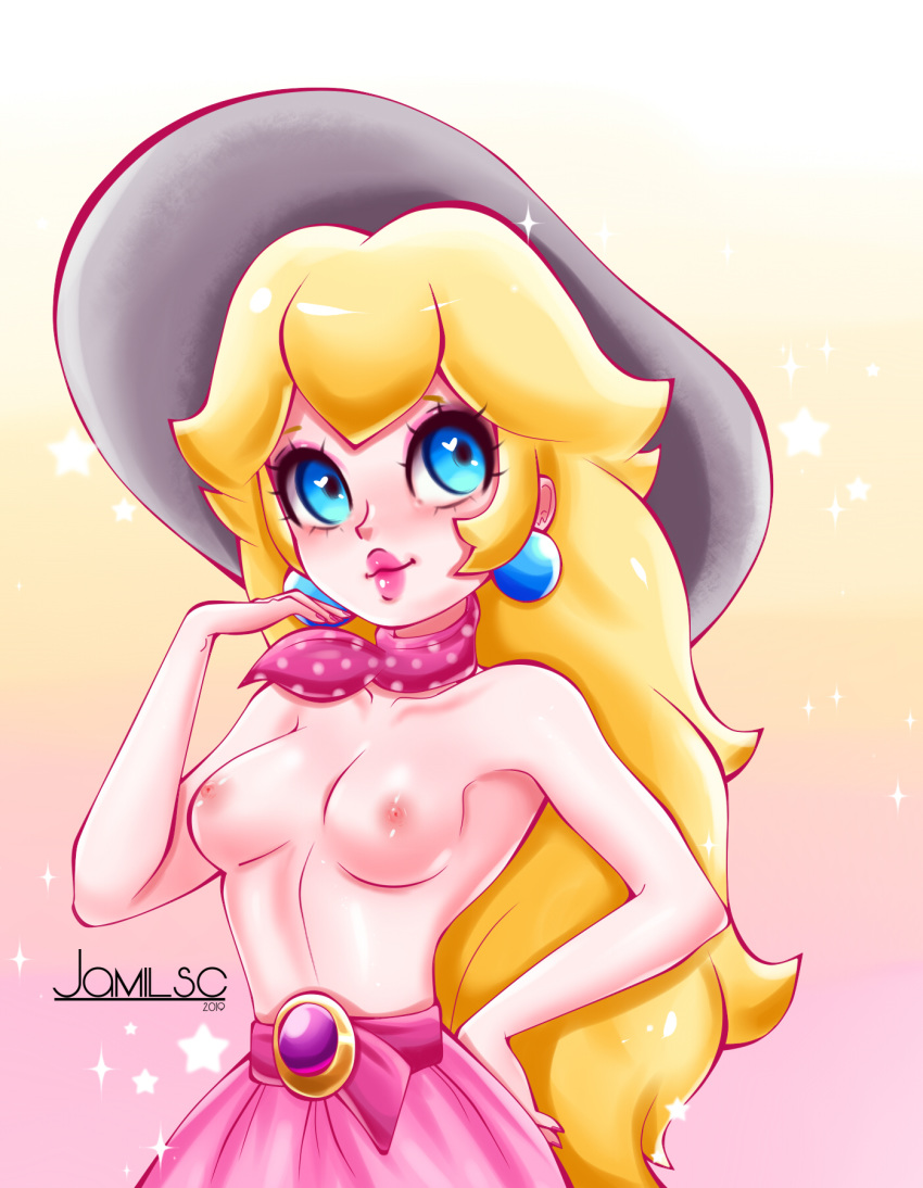 1girls blonde_hair blue_eyes breasts earrings female female_only jamilsc11 long_hair looking_to_the_side mario_(series) nintendo nipples princess_peach solo super_mario_odyssey topless