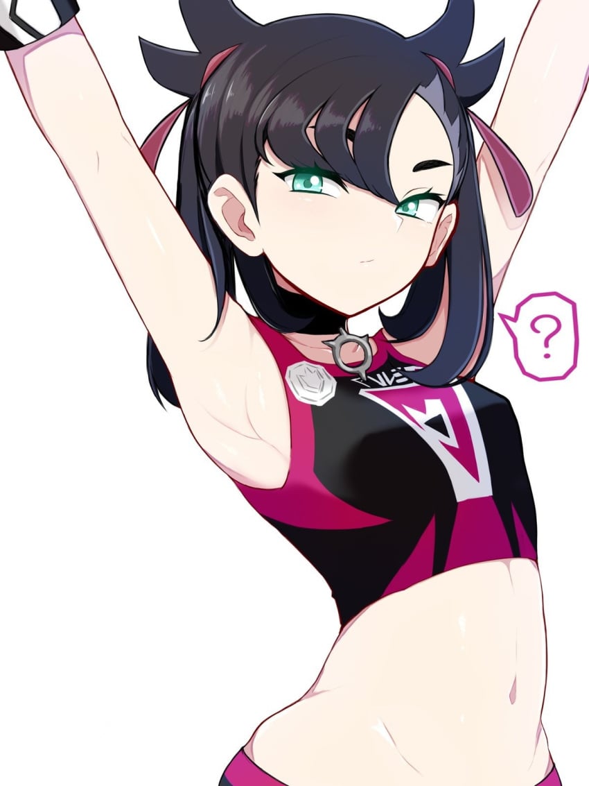 1girls ? abs armpits arms_up belly black_hair blue_eyes breasts cheerleader choker close-up clothes eye_contact eyelashes female female_only glowing_eyes gray_eyes gym_uniform hair_over_one_eye half-closed_eyes human human_only looking_at_viewer marnie_(pokemon) midriff navel nintendo perky_breasts pokemon pokemon_ss pose red_highlights small_breasts solo sportswear stretching tank_top team_yell text thin_waist twintails valujes white_background