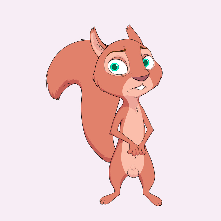 1:1 absurd_res animal_genitalia anthro balls brown_body brown_fur buckteeth fluffy fluffy_tail fur hi_res inner_ear_fluff looking_at_viewer male mammal nemo_nutkin_(character) nemonutkin nude rodent sciurid sheath simple_background solo standing teeth tuft white_background