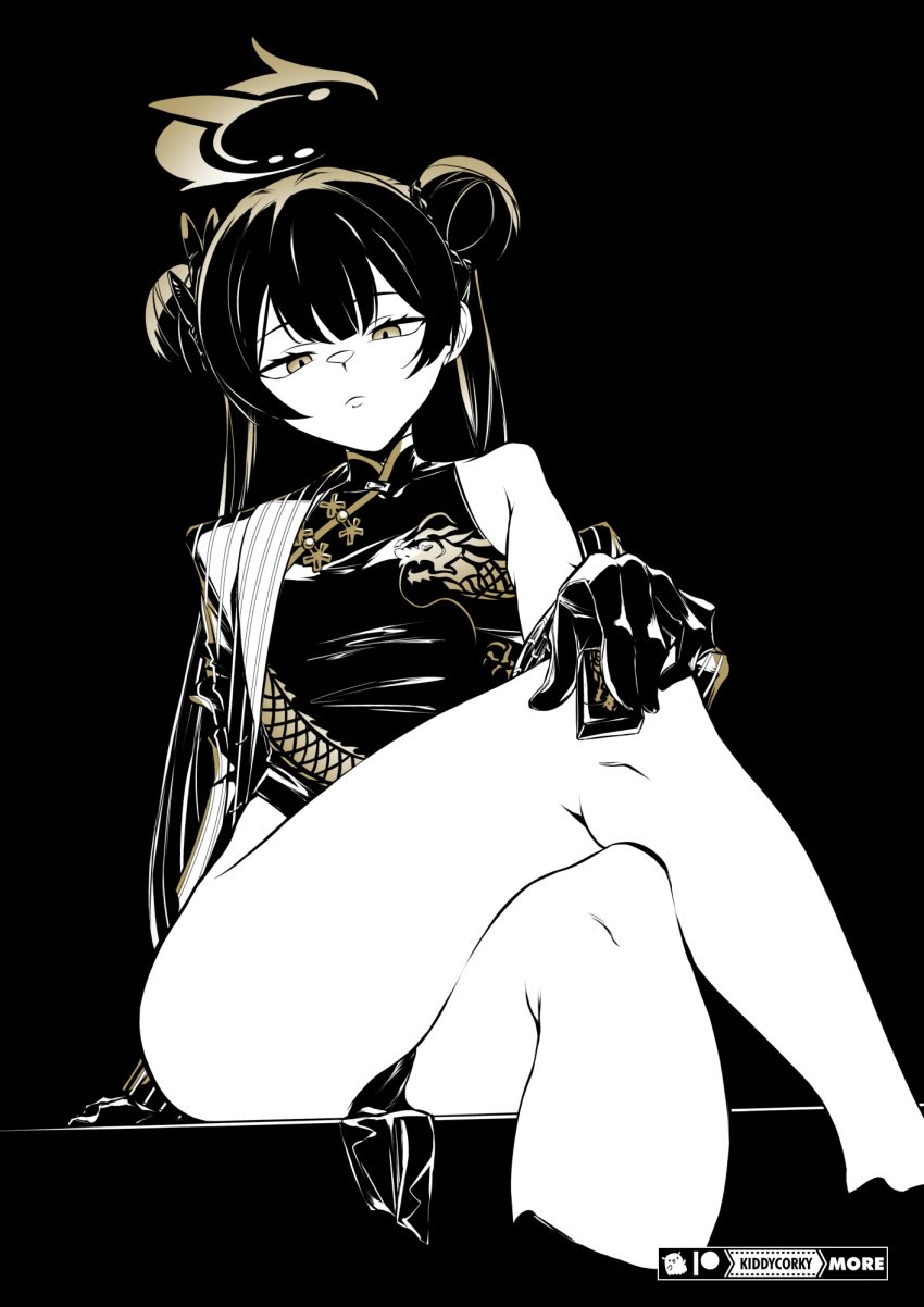 black_dress black_gloves black_hair blue_archive breasts china_dress chinese_clothes closed_mouth coat crossed_legs double_bun dress female flat_chest gloves hair_bun halo holding kiddycorky kisaki_(blue_archive) long_hair looking_at_viewer monochrome nexon parted_lips sitting solo thighs yellow_eyes