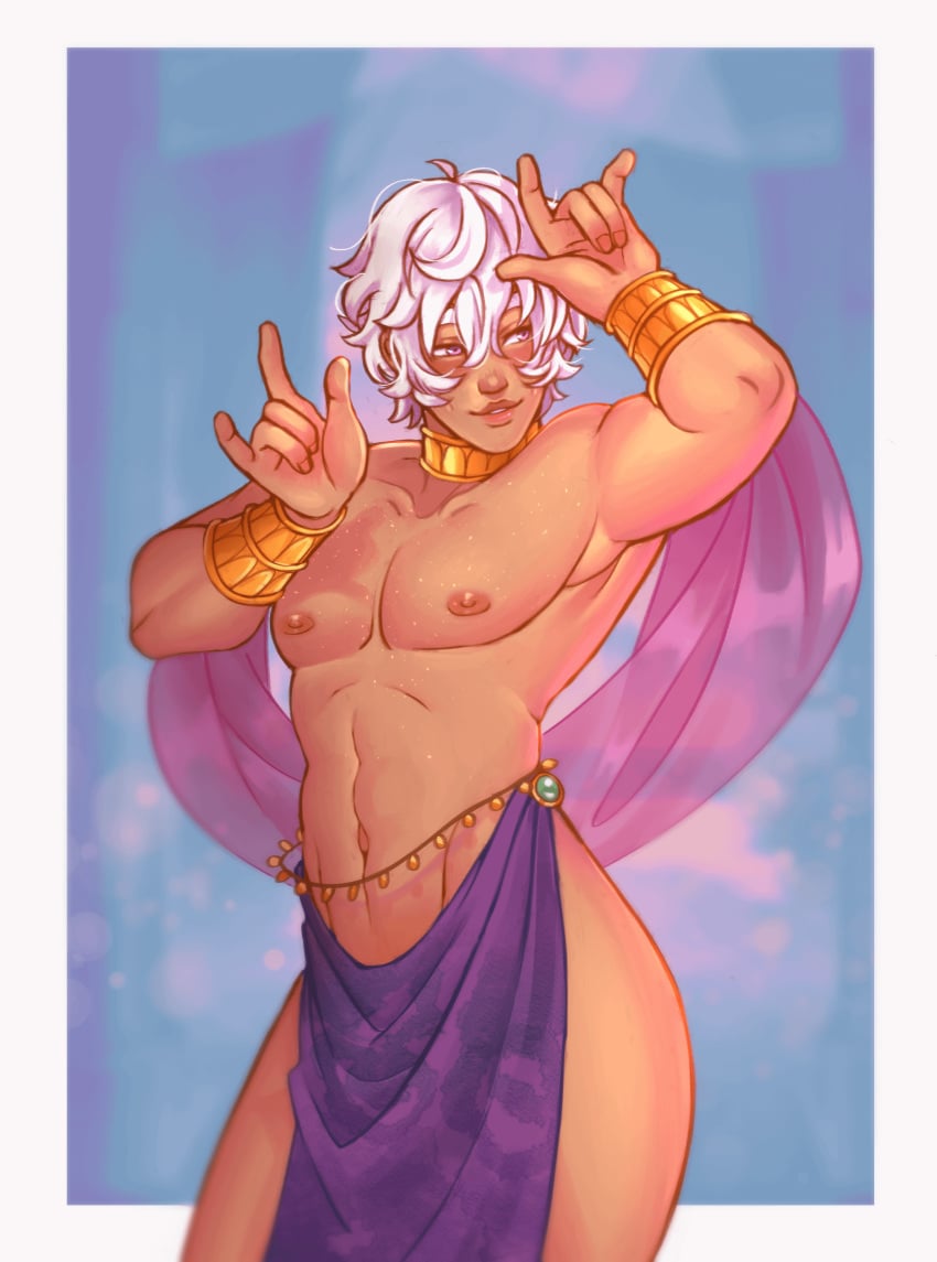 1boy abstract_background asra_alnazar ass bakerozza clothing cuffs dancer_outfit femboy hi_res human male male_focus male_only messy_hair necklace nipples png purple_eyes short_hair simple_background smile solo tagme tanned tanned_male the_arcana toned topless twunk veil white_hair