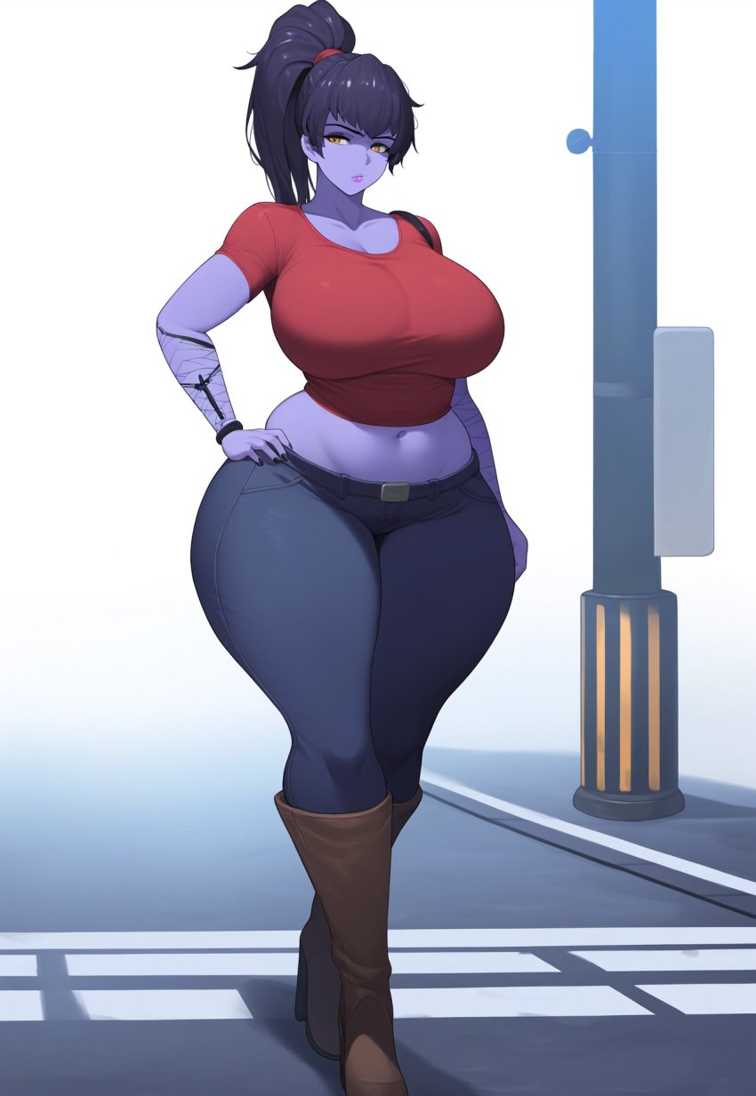 ai_generated alternate_breast_size big_lips huge_breasts huge_lips large_breasts lipstick lubbasdump massive_hips overwatch purple_skin wide_hips widowmaker