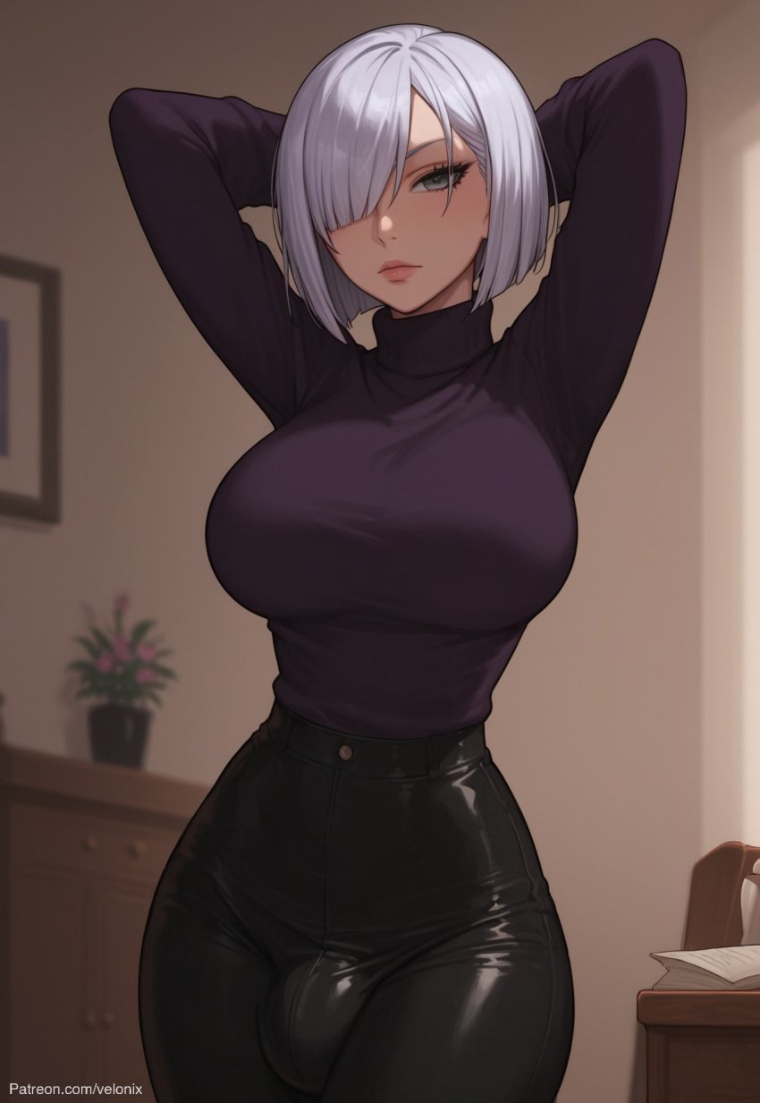 1futa 1futanari ai_generated ass bare_breasts big_ass big_breasts big_butt big_hips big_penis black_pants bob_cut breasts clothed clothed_futanari dick dickgirl emotionless eyebrows eyelashes fiona_frost futa_only futanari grey_eyes hair hair_over_eye hair_over_one_eye hands-free hands_behind_head huge_cock indoors leather_pants lips looking_at_viewer makeup medium_breasts medium_hair narrow_waist narrowed_eyes nightfall_(spy_x_family) nose pants penis purple_sweater short_hair smooth_balls smooth_penis smooth_skin solo solo_dickgirl solo_focus solo_futa solo_futanari spy_x_family sweater testicles turtleneck turtleneck_sweater velonix white_hair