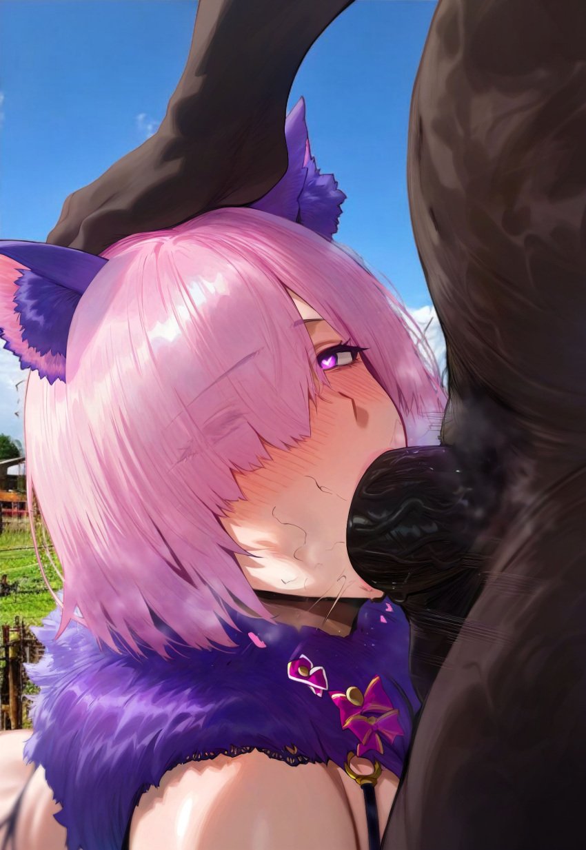 ai_generated anal big_ass big_breasts blowjob blowjob_face cumming dark-skinned_male doggy_style fate/grand_order fate_(series) female male mash_kyrielight mikayori purple_eyes purple_hair short_hair straight