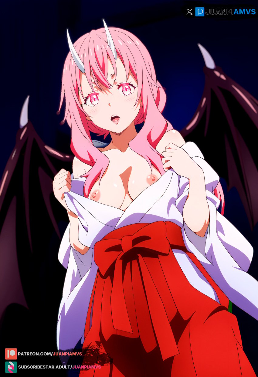 ai_generated demon_girl demon_wings horns juanpiamvs long_hair medium_breasts nipples patreon patreon_username pink_eyes pink_hair shuna_(tensei_shitara_slime_datta_ken) subscribestar subscribestar_username tensei_shitara_slime_datta_ken watermark wings