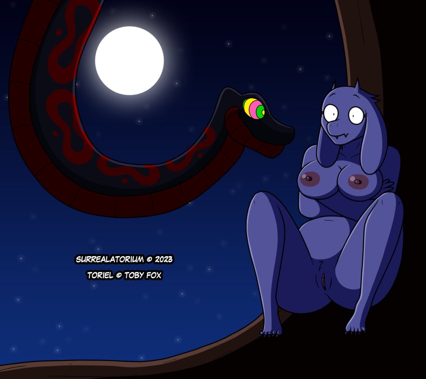 2023 absurd_res anthro areola arm_under_breasts black_body black_scales boss_monster_(undertale) bovid caprine constricted_pupils crimson_the_snake crossed_arms duo female feral full_moon fur genitals hi_res hypnotic_eyes looking_at_another male mammal moon night nipples nude outside plant pupils pussy red_body red_scales reptile ringed_eyes scales scalie shocked sitting small_pupils snake spread_legs spreading star surrealatorium thick_thighs toriel tree undertale_(series) white_body white_fur