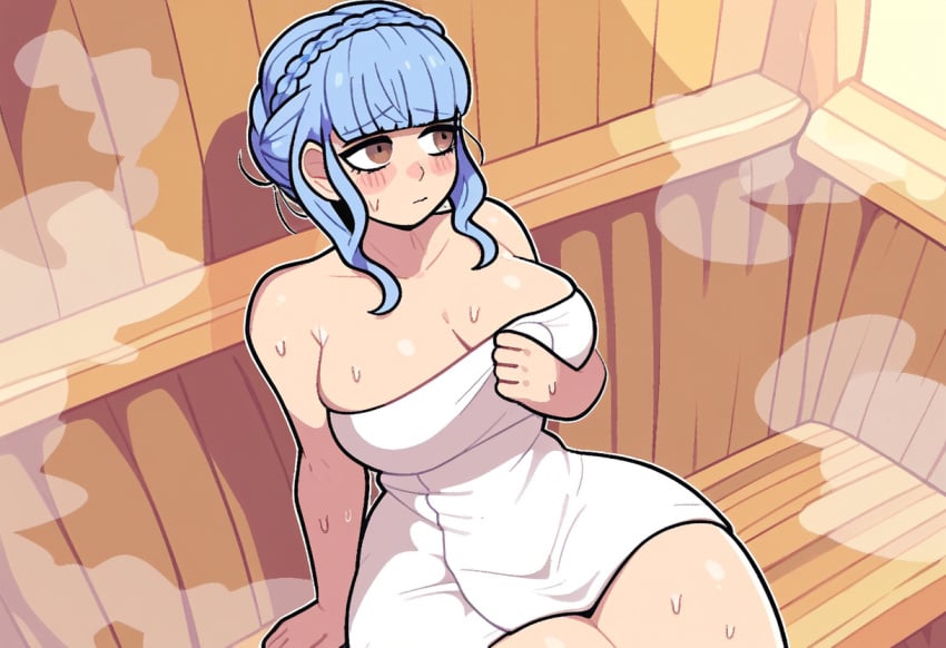 1girls ai_generated big_breasts blue_hair braided_hair brown_eyes fire_emblem fire_emblem:_three_houses hourglass_figure marianne_von_edmund noblewoman novelai sauna steam student sweat teenage_girl teenager thick_thighs towel white_skin