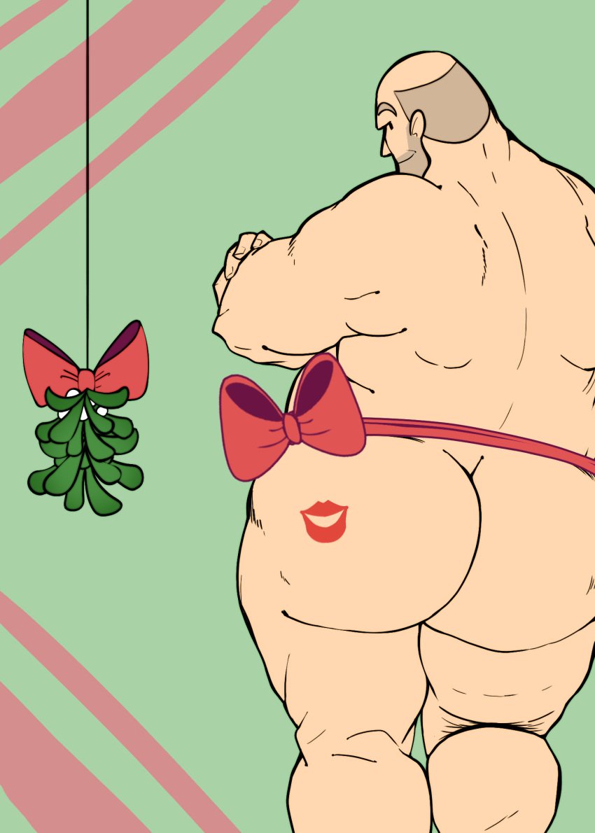 bow_ribbon chubby chubby_male coy dilf fat_ass fat_thighs gremlinshoard heavy_weapons_guy kiss_mark looking_at_viewer mistletoe muscular_male nude nude_male pinup teamfortress2 tf2 thegremlindraws