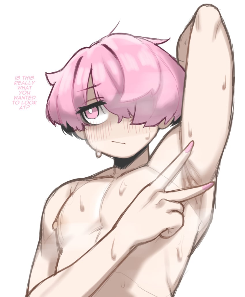 1boy 1femboy 2d 2d_(artwork) 2d_artwork 5_fingers absurd_res absurdres areola areolae arm_up armpit armpit_crease armpit_fetish armpit_focus armpits blush blush_lines chest color colored dialogue embarrassed eyebrows eyebrows_visible_through_hair femboy femboy_focus femboy_only hair hair_over_one_eye hi_res high_resolution highres human light-skinned_femboy light_skin male male_focus male_only mctamagomaki musk nail_polish nails naked naked_male nipples nude nude_male oc original original_character pink_eyes pink_hair pink_nails shirtless shirtless_male short_hair showing_armpits simple_background sweat sweatdrop sweating sweaty sweaty_armpits sweaty_arms sweaty_body talking talking_to_viewer torso trap v_sign