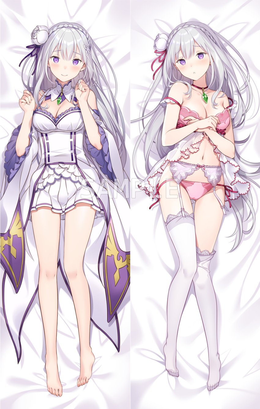 bare_legs bare_shoulders bare_thighs barefoot bed_sheet belly_button blush bra braided_hair breasts cameltoe choker cleavage closed_mouth dakimakura dakimakura_design detached_collar elf emilia_(re:zero) feet garter_belt garter_straps hair_ornament hair_ribbon lingerie long_hair long_sleeves lying medium_breasts miniskirt necklace off_shoulder panties pointy_ears purple_eyes re:zero_kara_hajimeru_isekai_seikatsu red_bra red_panties rie_(reverie) sample smile strap_slip thighhighs thighs toes underwear underwear_only white_hair white_thighhighs