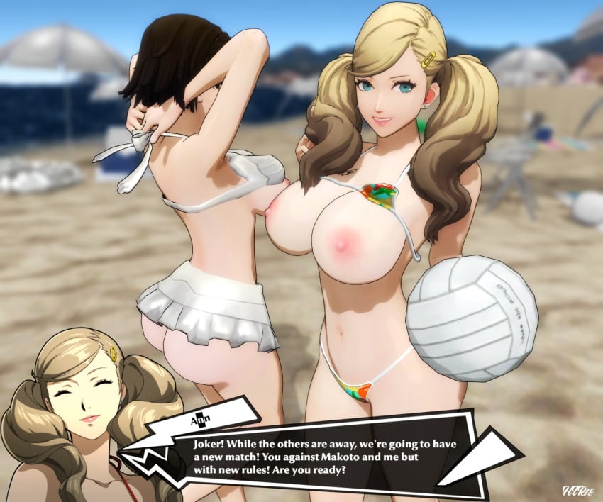 2girls 3d ann_takamaki atlus big_ass big_breasts bikini blonde_hair breasts brown_hair dialogue female htr18 huge_breasts large_breasts makoto_niijima nipples persona persona_5 small_breasts swimsuit tagme