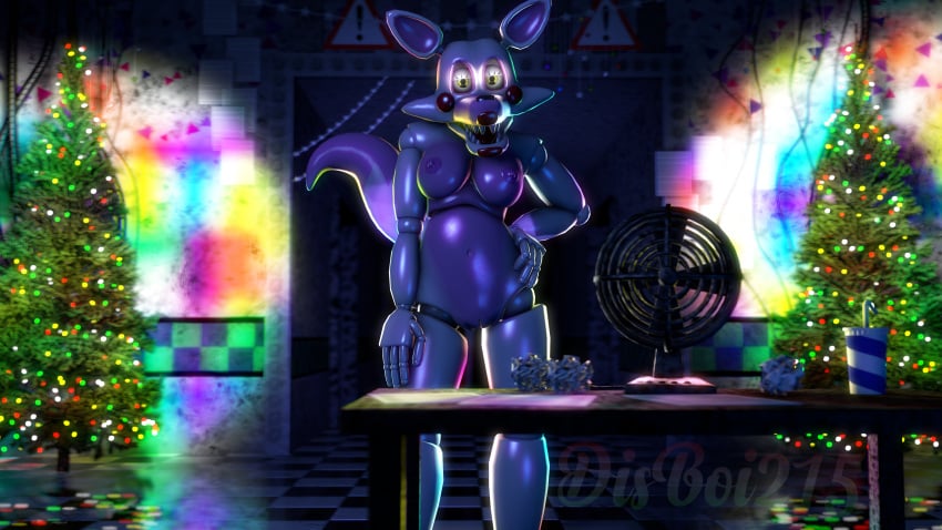 3d 4k checkered_floor christmas christmas_lights christmas_tree crumpled_paper dark_lighting dark_room desk_fan disboi215 fan five_nights_at_freddy's five_nights_at_freddy's_2 fnaf fox fox_ears fox_girl fox_tail hand_on_hip highres mangle_(fnaf) office paper_cup pink_body pink_nipples red_cheeks rosy_cheeks sassy sassy_pose sfm shiny_body source_filmmaker white_body