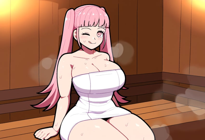 1girls ai_generated big_ass big_breasts fire_emblem fire_emblem:_three_houses hilda_valentine_goneril noblewoman novelai pink_eyes pink_hair sauna silly_face steam student sweat teenage_girl teenager thick_thighs towel twintails white_skin winking_at_viewer