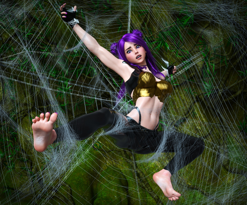 3d barefoot bondage feet foot_fetish k/da_kai'sa k/da_series kai'sa league_of_legends leggings necdaz91 net purple_eyes purple_hair purple_nails purple_toenails restrained soles spider_net spider_web toenail_polish toenails toes trapped web