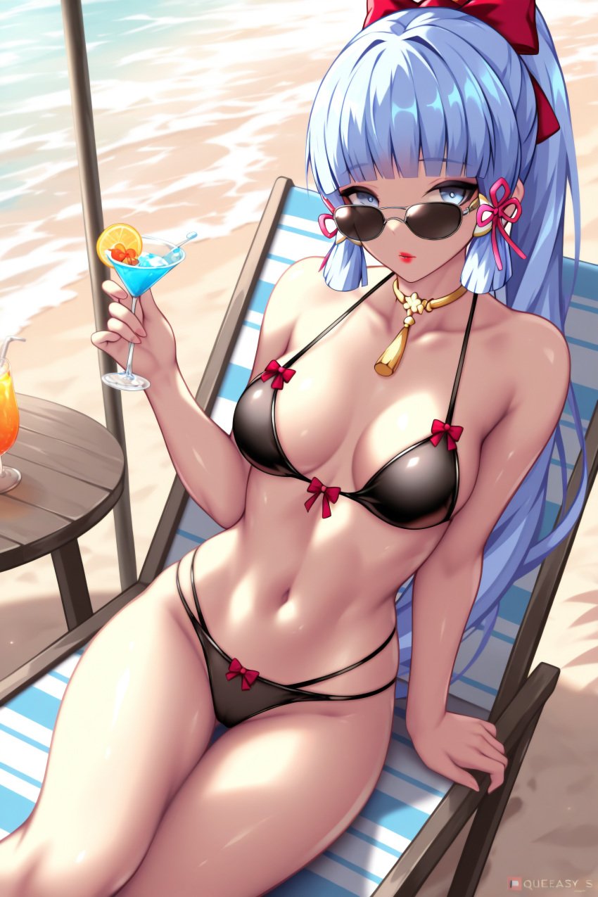 1girls ai_generated bikini genshin_impact glasses kamisato_ayaka lipstick looking_at_viewer sitting