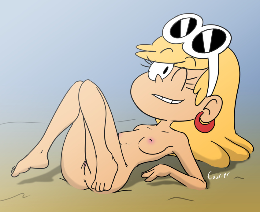 1girls anus ass blonde_hair breasts courier_(artist) female female_only leni_loud naked nickelodeon nude on_back solo straight_hair the_loud_house wink