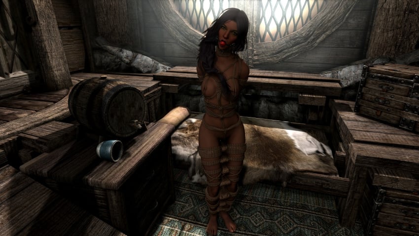 1girls 3d arms_behind_back ball_gag black_hair bondage bound bound_legs dark_skin dark_skinned_female female female_only gag gagged game_screenshot n00nex nude nude_female skyrim solo the_elder_scrolls