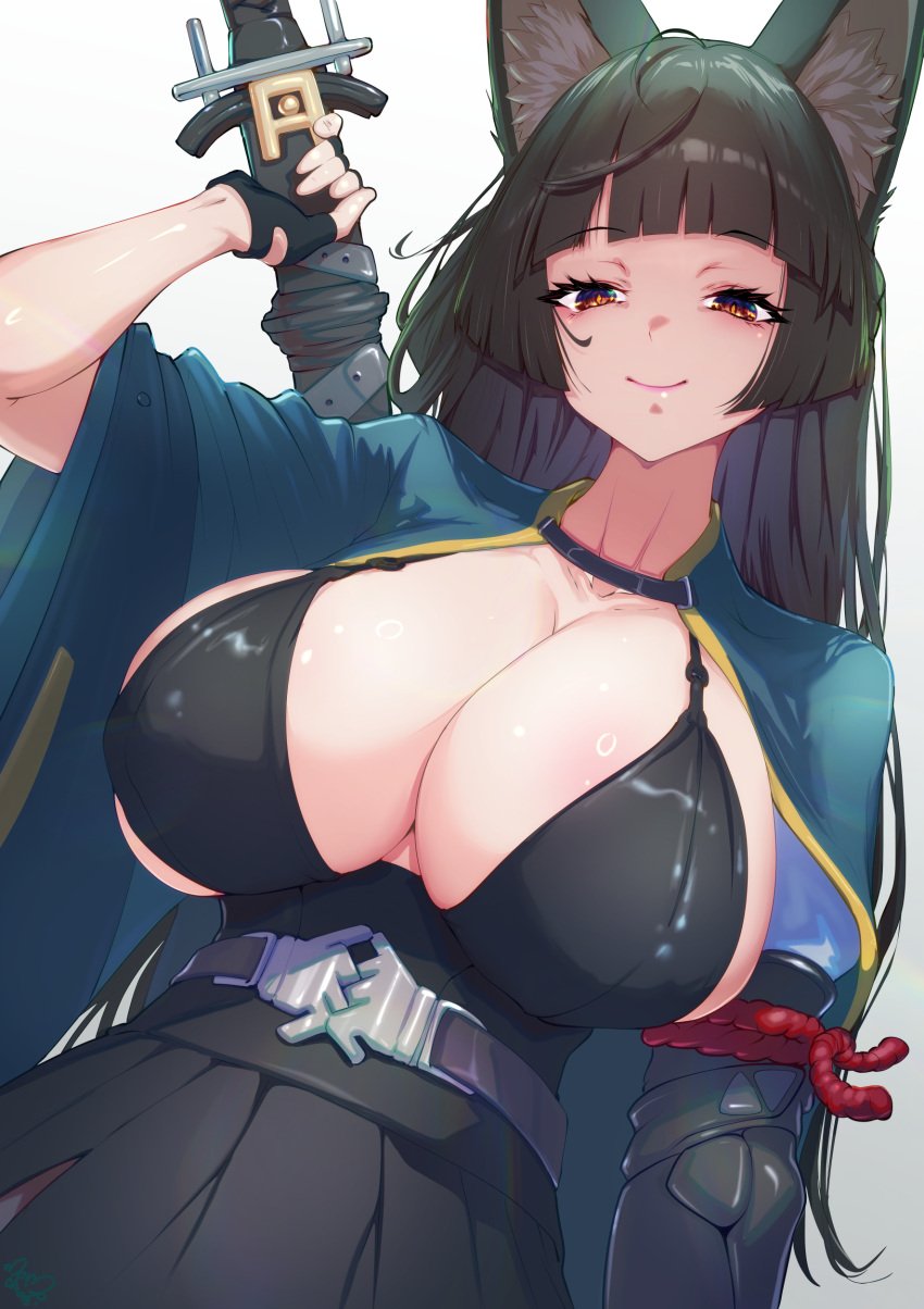 1girls animal_ears breasts cleavage female hoshimi_miyabi huge_breasts looking_at_viewer micro_bikini momoyama_tits sideboob weapon zenless_zone_zero