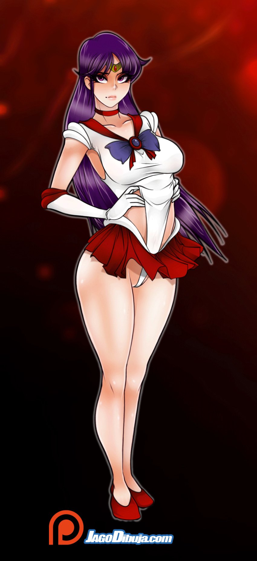 animated bishoujo_senshi_sailor_moon choker circlet clothing jago_dibuja leotard_tug purple_eyes purple_hair rei_hino sailor_mars shaved_pussy skirt small_breasts tagme